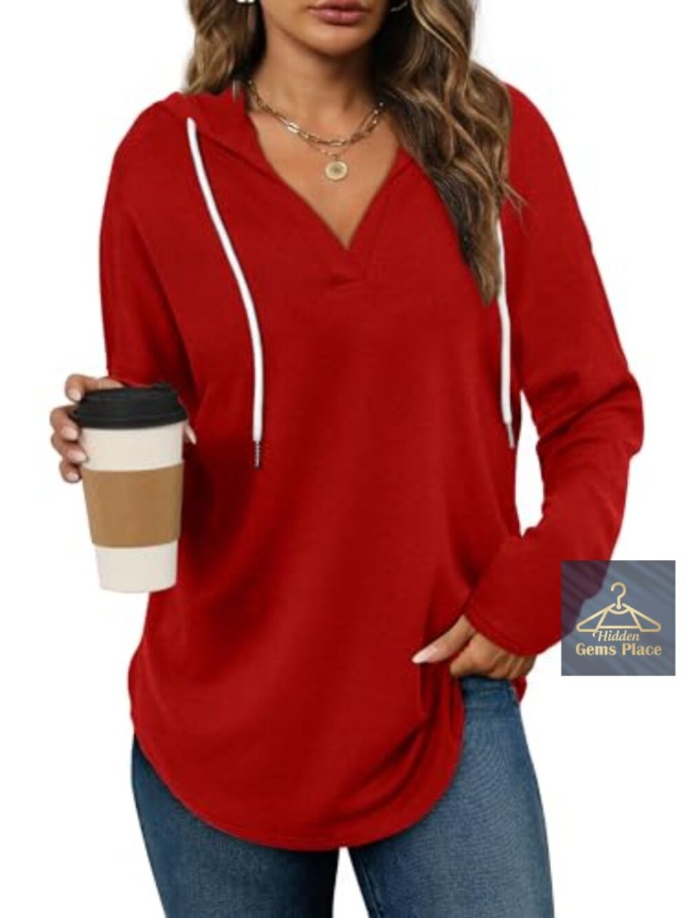 Women's Oversized V-Neck Pullover Hoodie Long Sleeve Loose Fit Sweatshirt